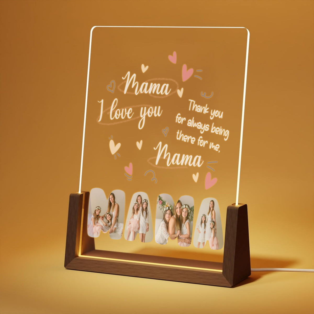 I Love You Mama - Personalized Photo Mom Plaque Light with Stand Gifts for Mom, Grandma, 3D LED Light Wooden Base