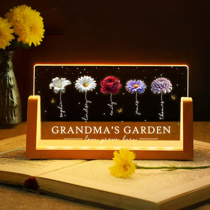 Mom Grandma's Garden Beautiful 3D Effect Birth Flowers - Personalized Acrylic Plaque LED Night Light - Gift For Grandma