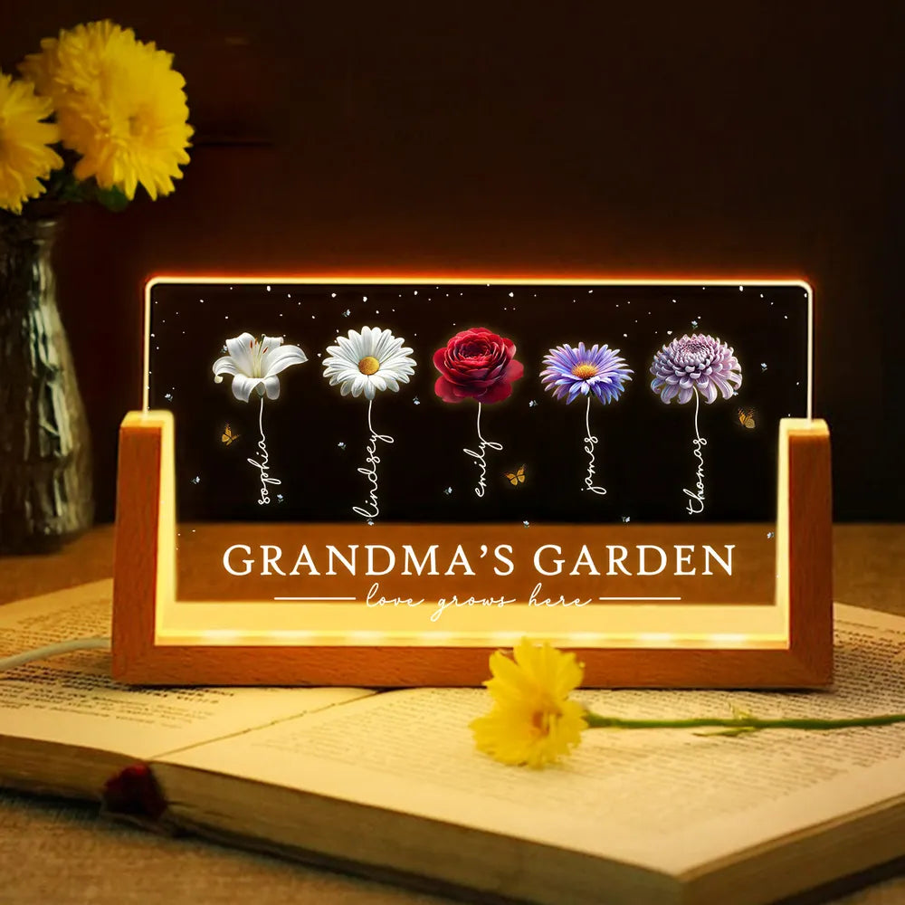 Mom Grandma's Garden Beautiful 3D Effect Birth Flowers - Personalized Acrylic Plaque LED Night Light - Gift For Grandma
