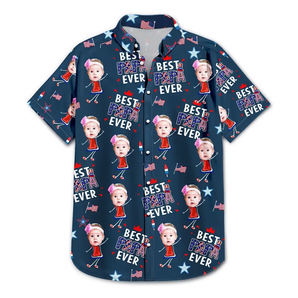 Custom Photo Stars & Stripes Best Dad Mom Grandpa Grandma Ever - Personalized Hawaiian Shirt - Gift For Dad Grandpa, Father's Day Gift