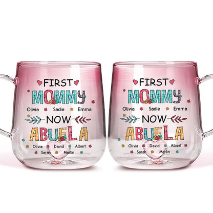 First Mom Now Grandma - Personalized Gradient Glass Mug - Gift For Grandma, Mother's Day Gift