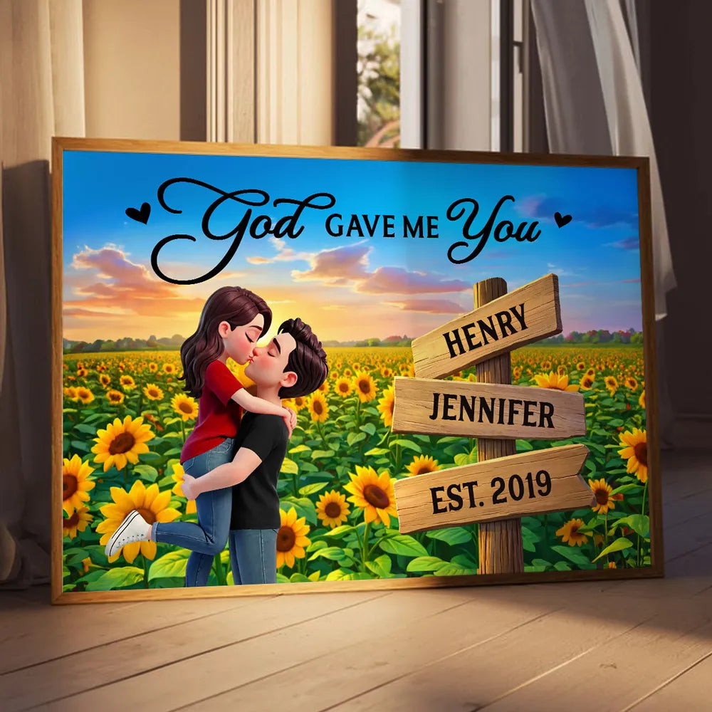 Sunflower Kissing Couple - Personalized Canvas - Anniversary Gift, Valentine's Day Gift For Couple