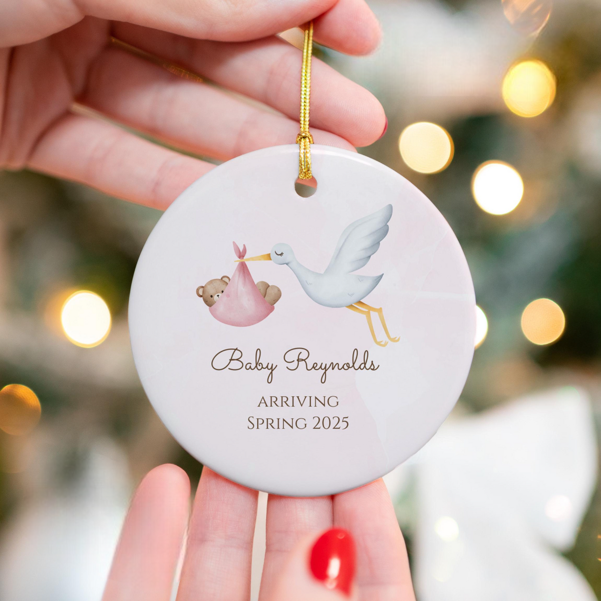 Stork Baby Announcement Ornament, Expecting Baby Announce Ceramic Ornament, Pregnancy Announcement Keepsake Baby Arriving, Baby On The Way Gift