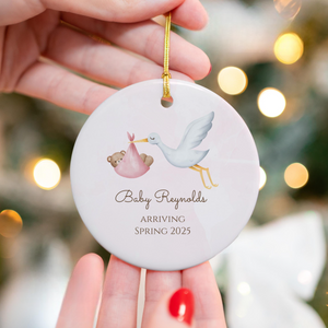 Stork Baby Announcement Ornament, Expecting Baby Announce Ceramic Ornament, Pregnancy Announcement Keepsake Baby Arriving, Baby On The Way Gift