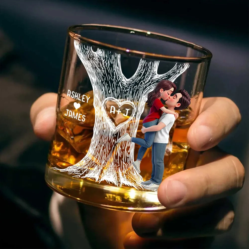 Tree Of Love Kissing Couple - Personalized Whiskey Glass - Anniversary Gift, Valentine's Day Gift For Couple