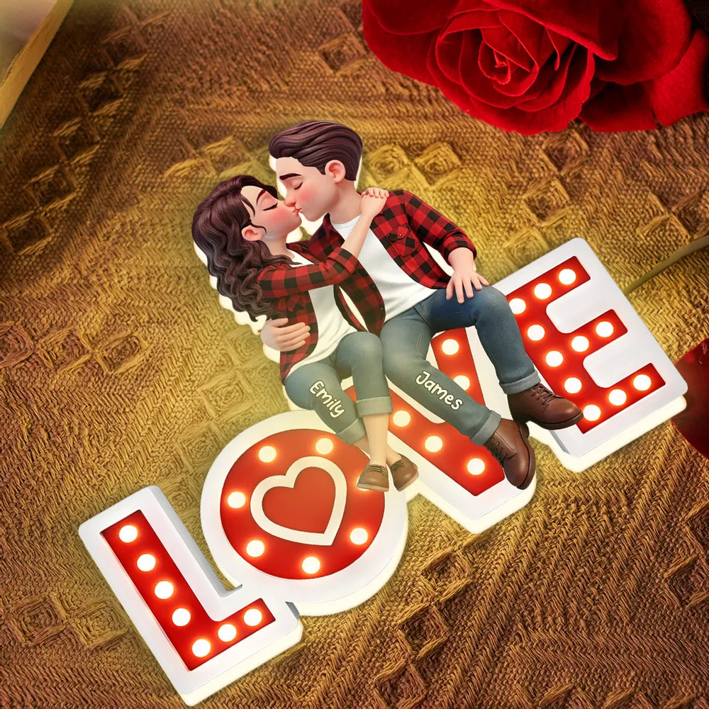 Red Marquee Love Pattern Kissing Couple - Personalized Acrylic Light Box - Anniversary Gift, Valentine's Day Gift For Couple