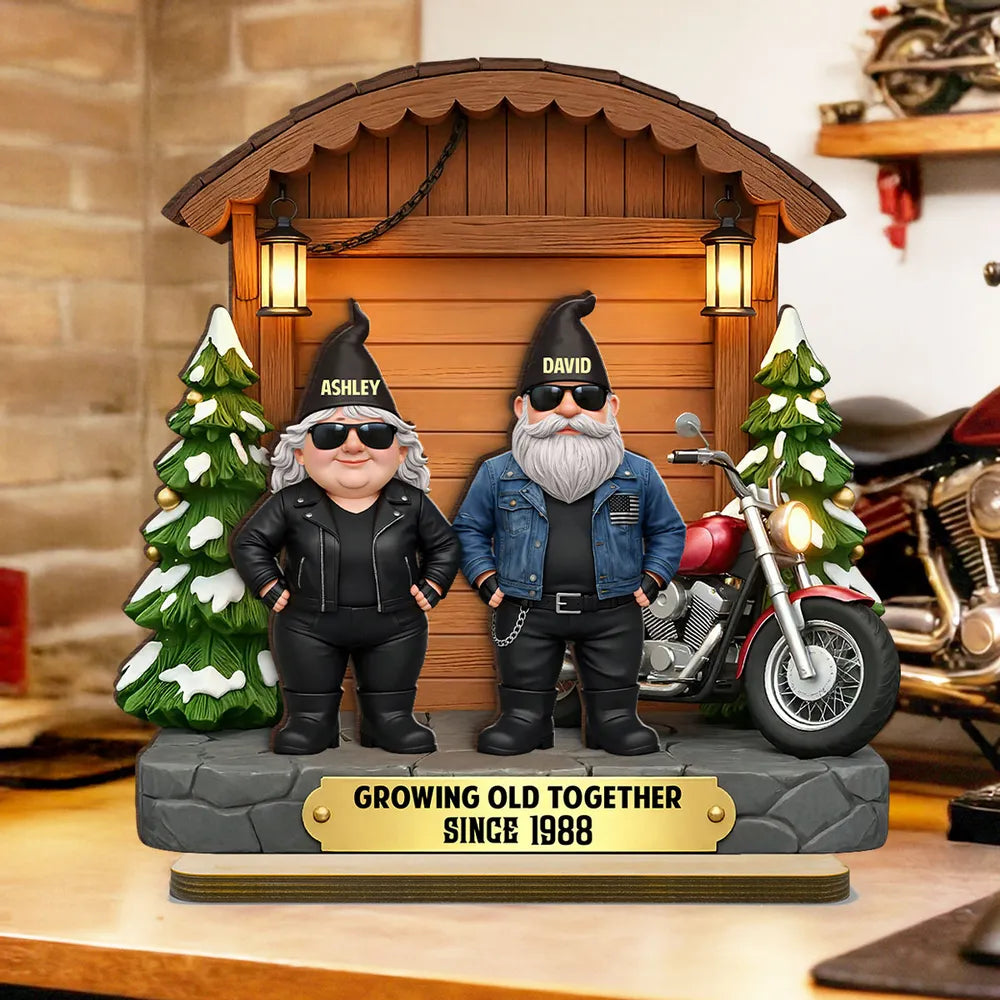 Growing Old Together Biker Couple - Personalized Wooden Plaque With Flat Base - Anniversary, Valentine's Day Gift For Couple