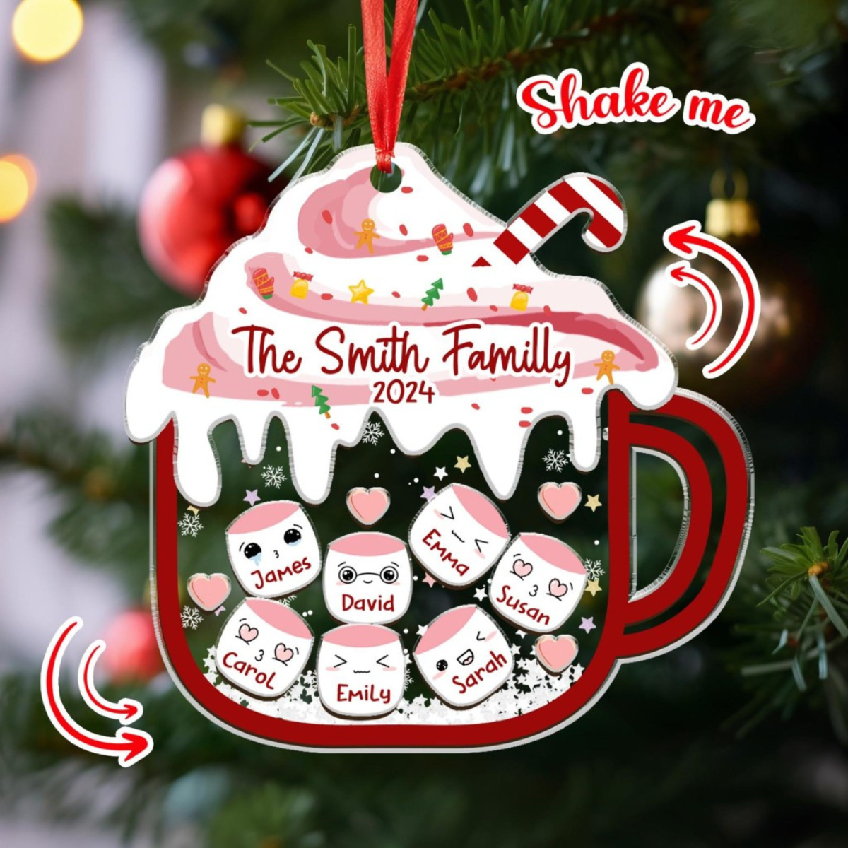 Personalized Family Names 4D Shaker Ornament, Family Hot Cocoa Ornament, Marshmallow Ornament, Custom Name Ornament, 2024 Holiday Gifts