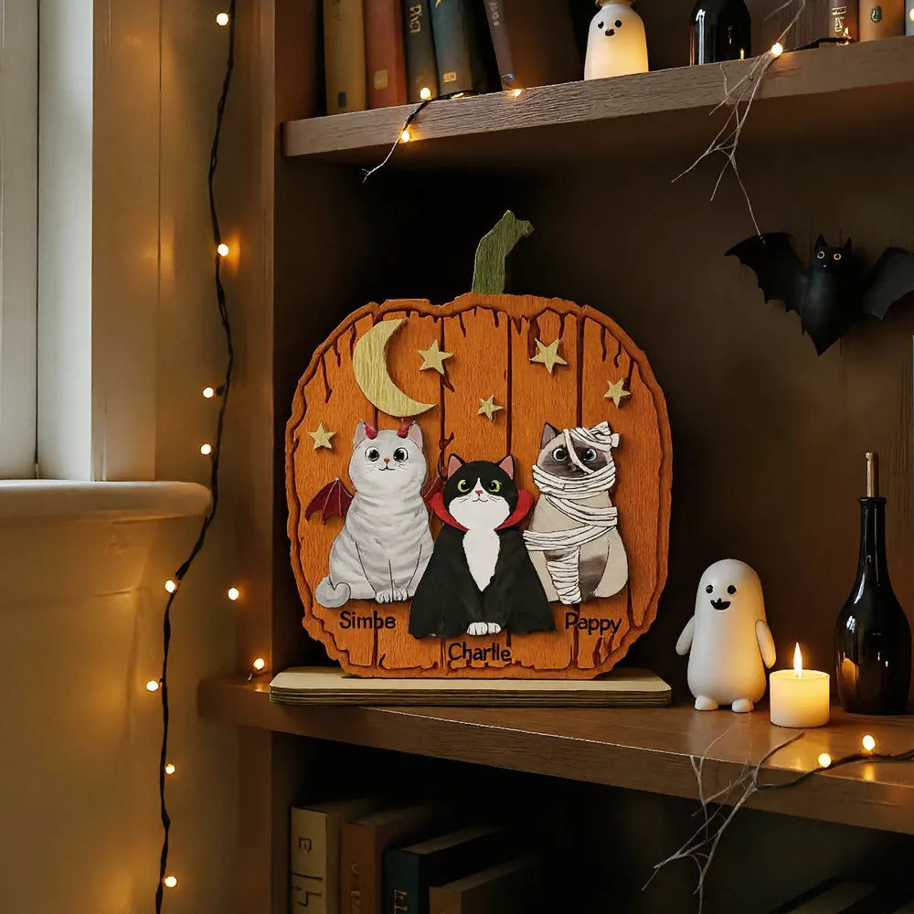 Halloween Pumpkin Cat - Pesonalized Wooden And Acrylic Plaque - Halloween Decor, Gift For Cat Lover