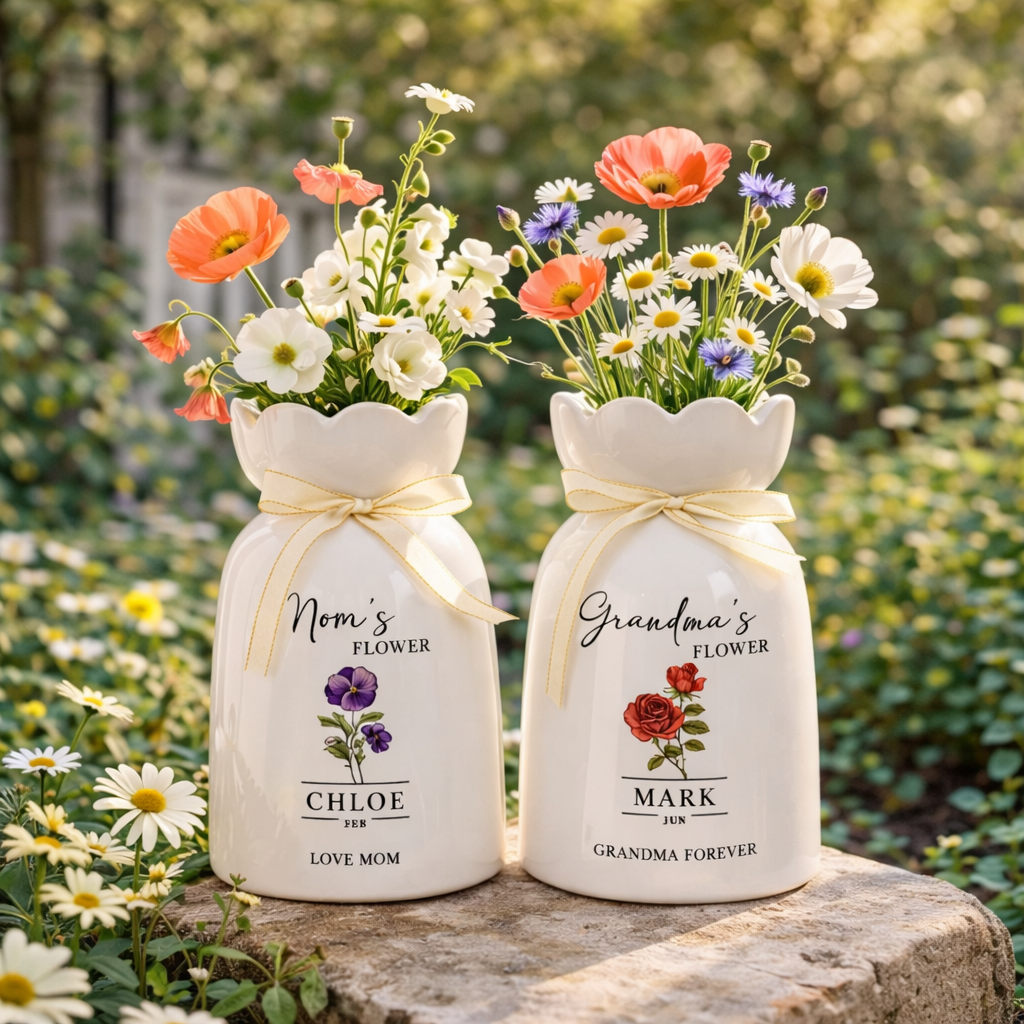 Personalized Mom Birth Flower Vase, Mother's Day Gift for Mom, Custom Flower Vase with Name and Month Flower, Mom Birthday Gift