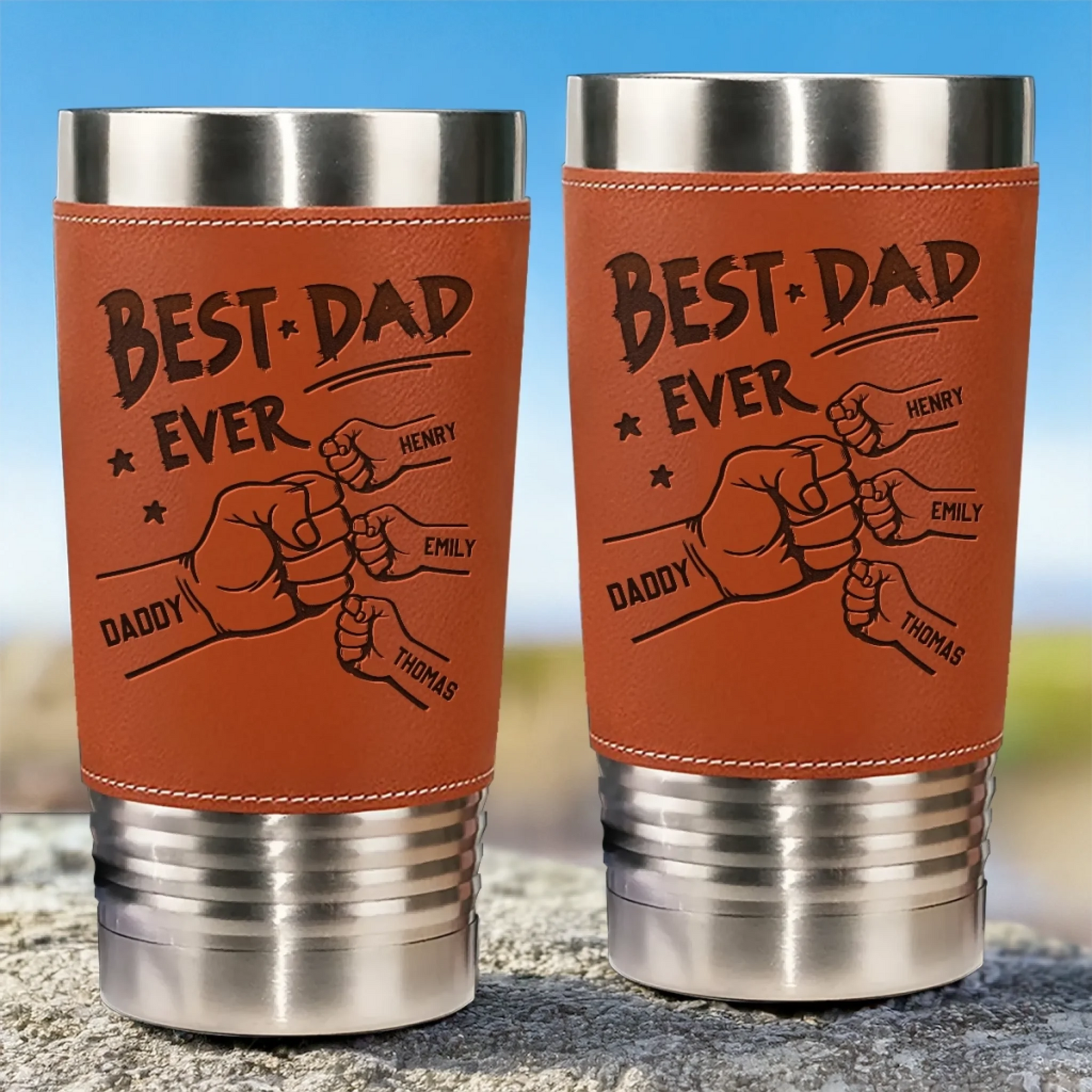 Best Dad Ever Dad & Kids Fist Bumps - Personalized Leather Tumbler - Father's Day, Gift For Dad, Grandpa