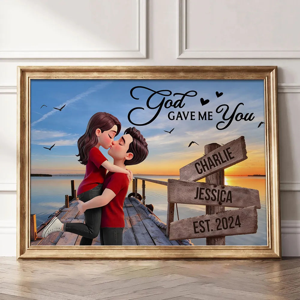 Lake Dock Sign Posts Kissing Couple - Personalized Canvas - Anniversary Gift, Valentine's Day Gift For Couple