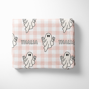 Buffalo Plaid Ghost Halloween Name Blanket, Custom Name Blanket, Halloween Personalized Gift, Cute Halloween Gift