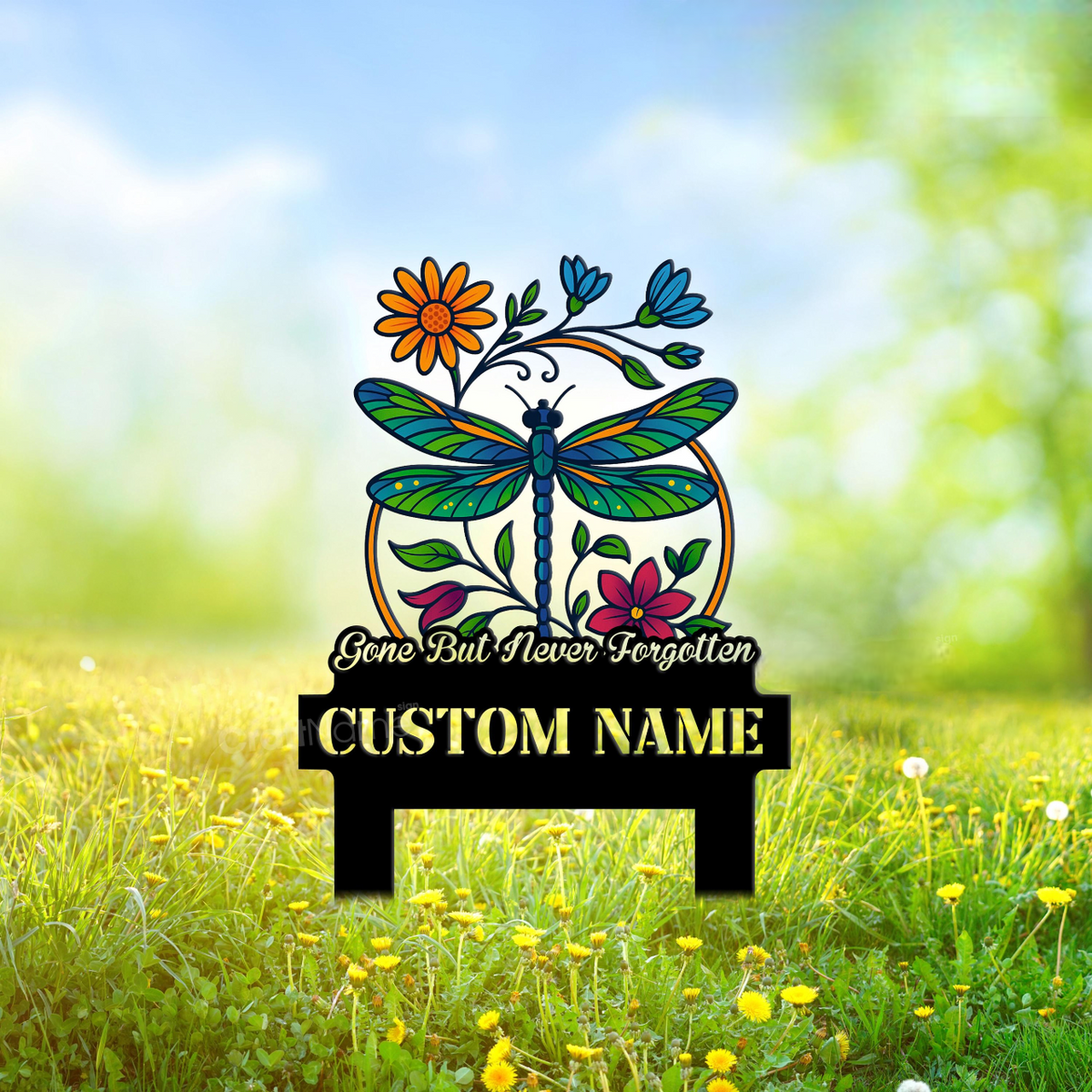 Personalized Flower Dragonfly Memorial Garden Metal with Stake, Dragonfly Metal Plaque, Sympathy Gift, Grave Marker for Dragonfly Lovers