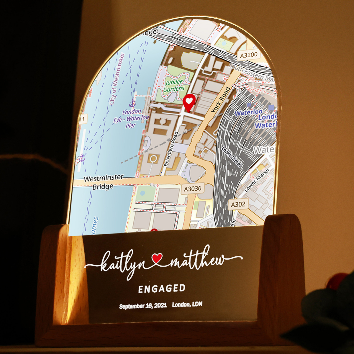 Custom Map Print - Personalized Desk Name Plate Night Light - Gift for Couple