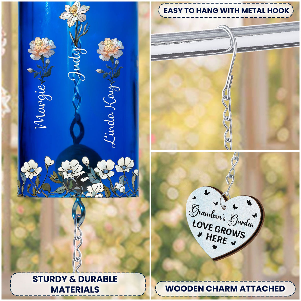 Mom Grandma's Garden Love Grows Here - Personalized Wine Bottle Wind Chime - Birthday Gift For Mother, Grandma
