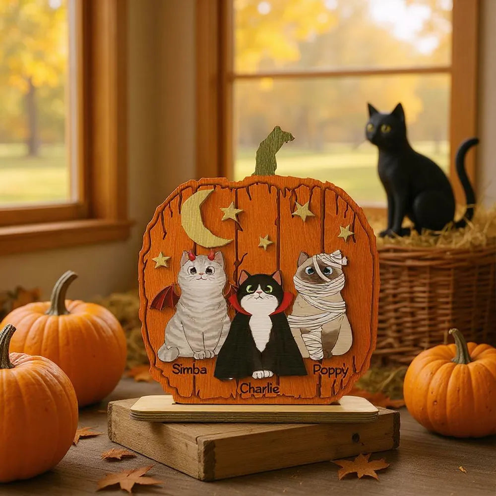 Halloween Pumpkin Cat - Pesonalized Wooden And Acrylic Plaque - Halloween Decor, Gift For Cat Lover