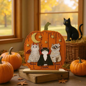 Halloween Pumpkin Cat - Pesonalized Wooden And Acrylic Plaque - Halloween Decor, Gift For Cat Lover