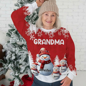 Grandma Snowman With Kids - Personalized Ugly Sweatshirt - Christmas Gift For Grandma