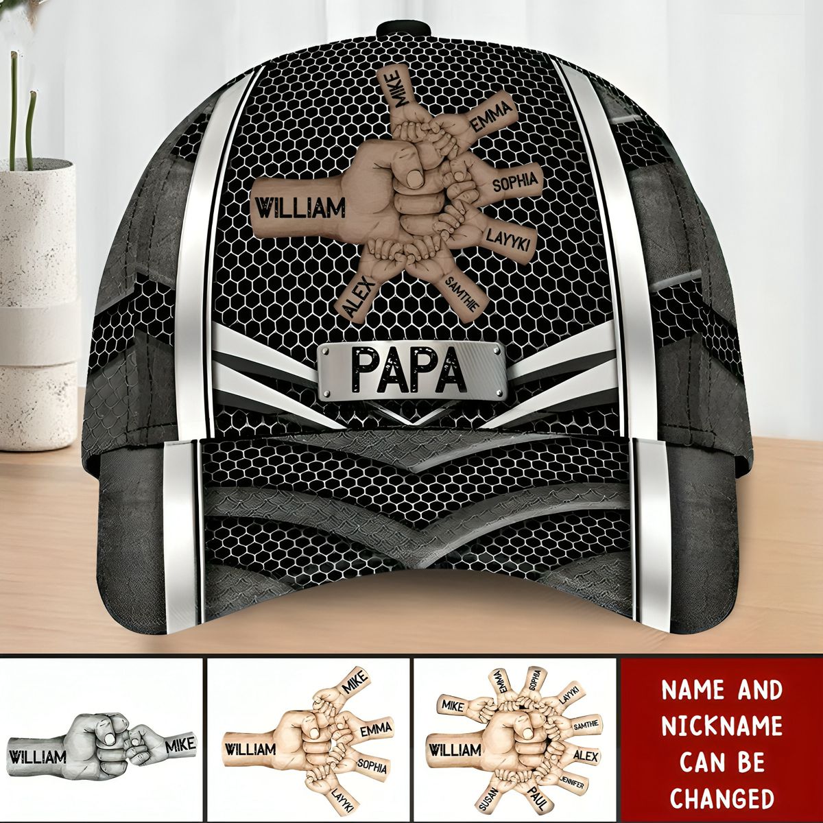 Grandpa Daddy Papa Hands To Hands Kids Metal Pattern - Personalized Classic Cap - Gift For Father, Grandfather, Father's Day, Birthday Gift