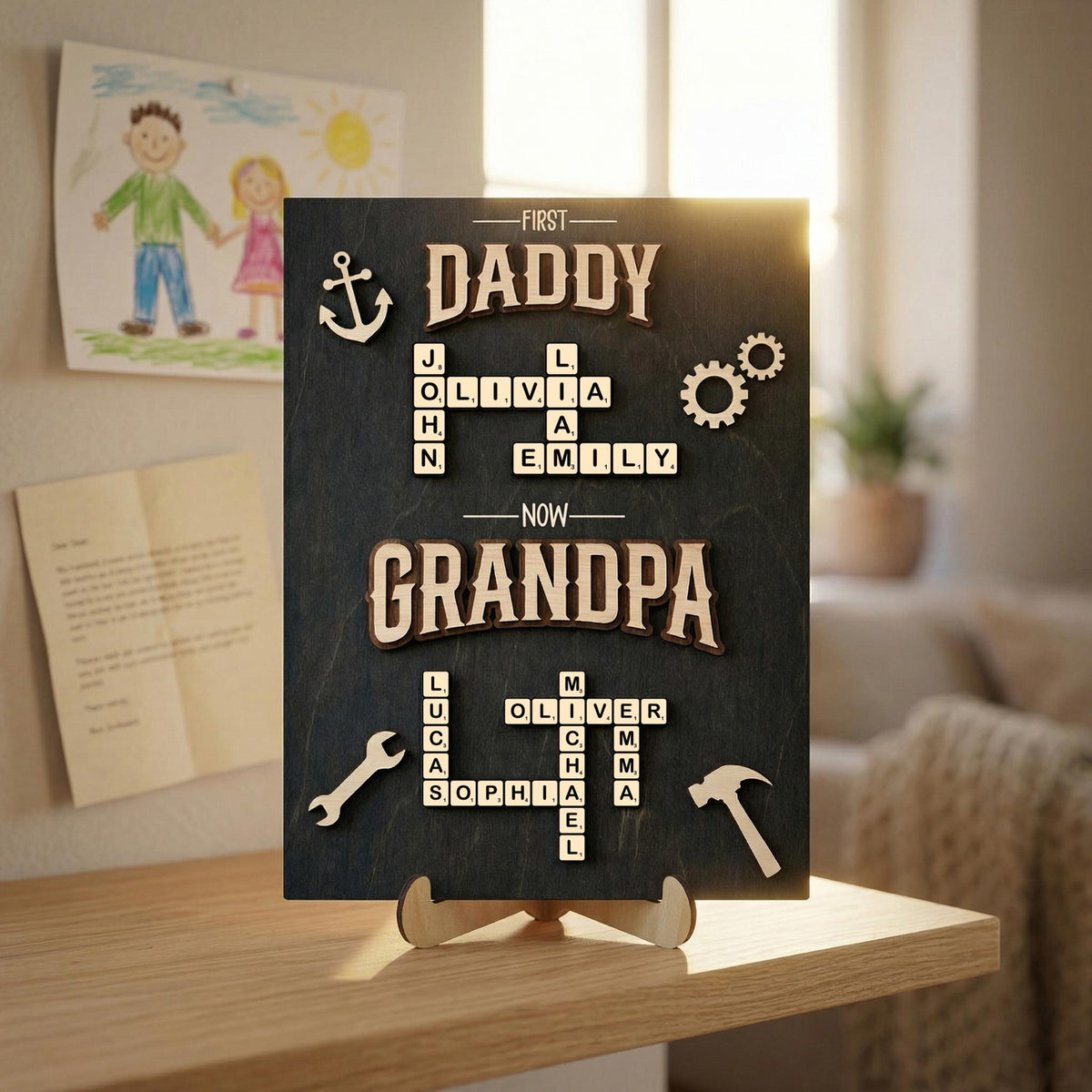 Personalized Scrabble Family Name Sign, First Dad Now Grandpa Wooden Frame, Fathers Day Gift For Grandpa With Kids Name,Dad Puzzle Sign Gift