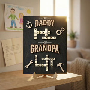 Personalized Scrabble Family Name Sign, First Dad Now Grandpa Wooden Frame, Fathers Day Gift For Grandpa With Kids Name,Dad Puzzle Sign Gift