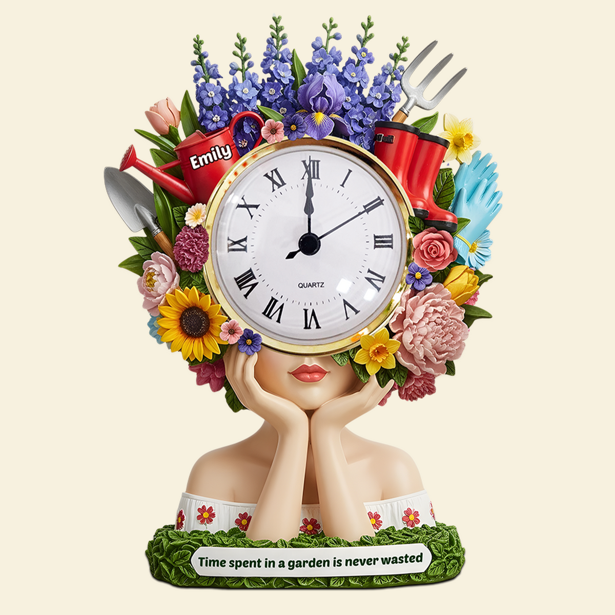 Flower Head Girl Desk Clock Plaque - Personalized Acrylic Desk Clock - Gifts For Gardening Lover