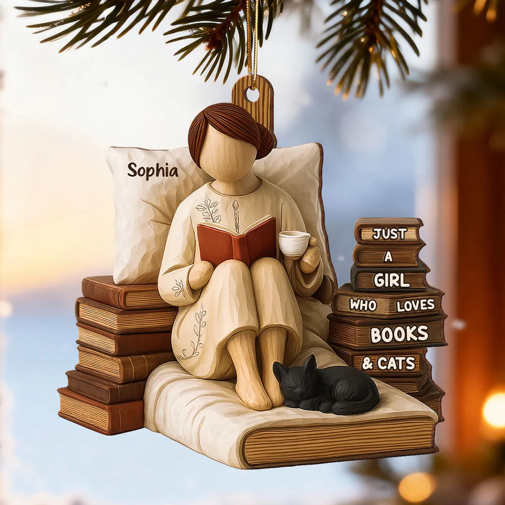 Just A Girl Who Loves Books & Black Cat 3D Effect - Personalized Wooden Ornament - Christmas Gift For Book Lover, Bookworm