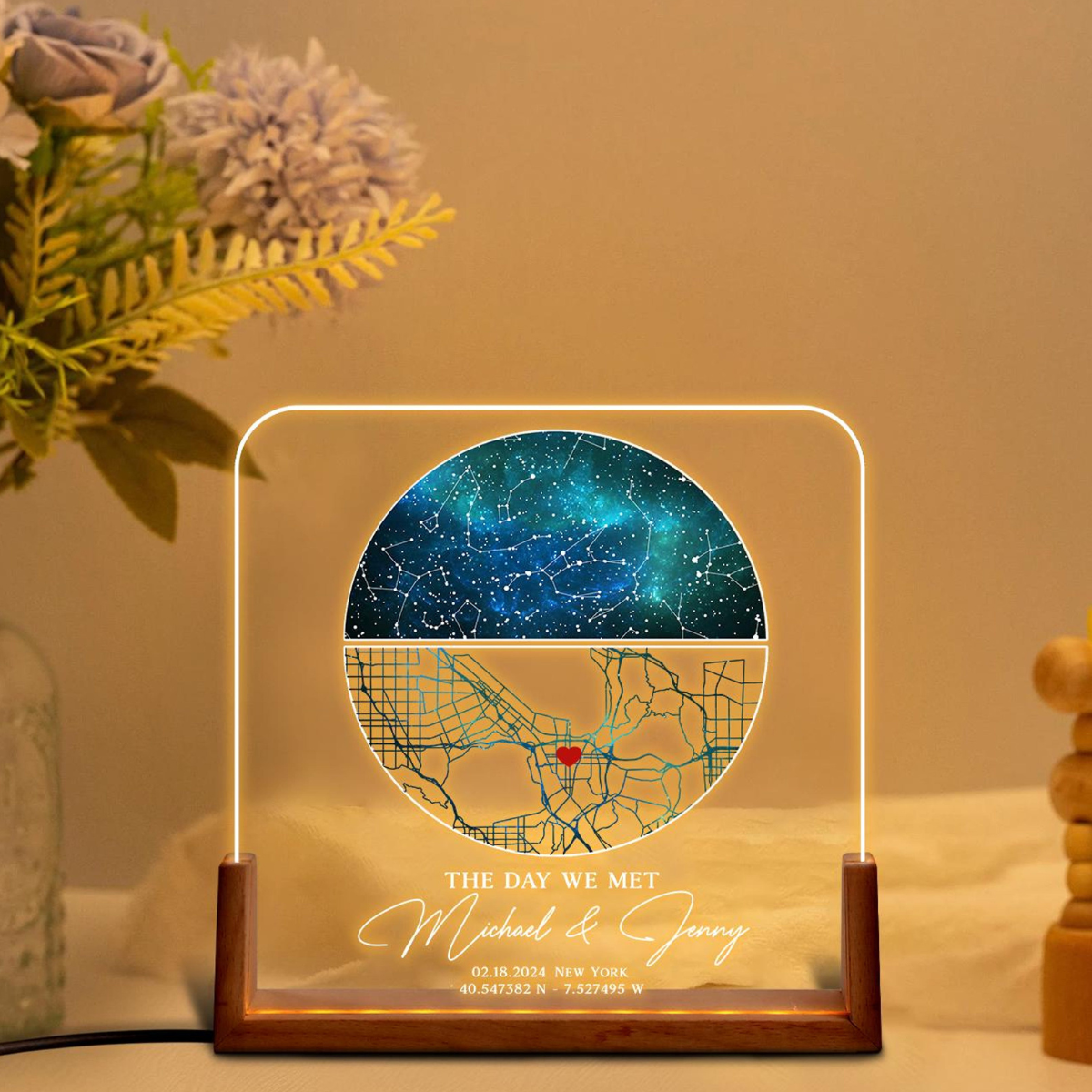 Our First Date Map Night Light, Star Map Desk Name Plate, Stars Chart Gift for Boyfriend Girlfriend, Anniversary Gift for Couple