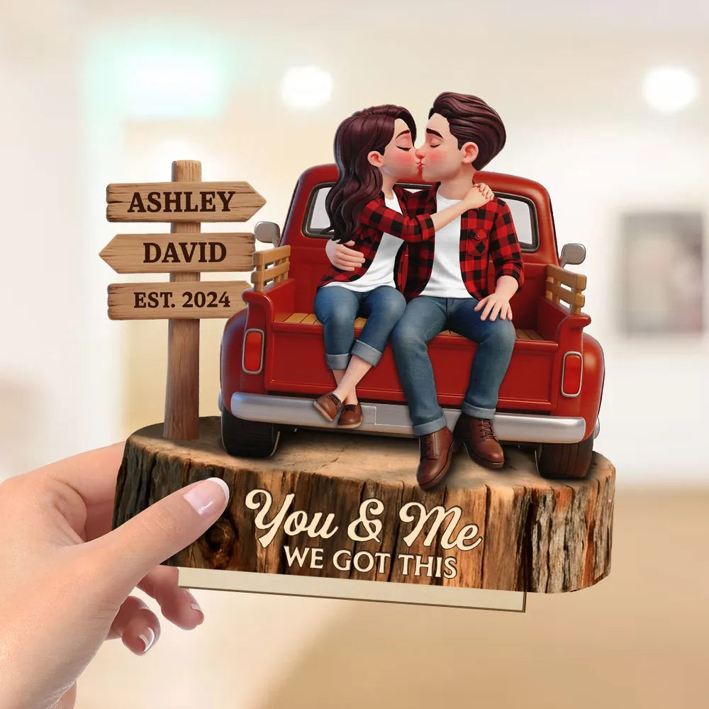 Kissing Couple Pickup Truck Sign Posts - Personalized Wooden Plaque With Flat Base - Valentine's Day Gift For Couple, Farmhouse Decor
