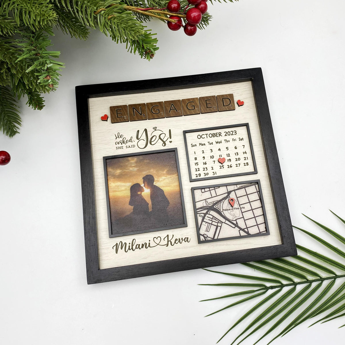 Where She Say Yes Custom Photo Calendar & Location - Personalized Wooden Frame - Gift For Couple