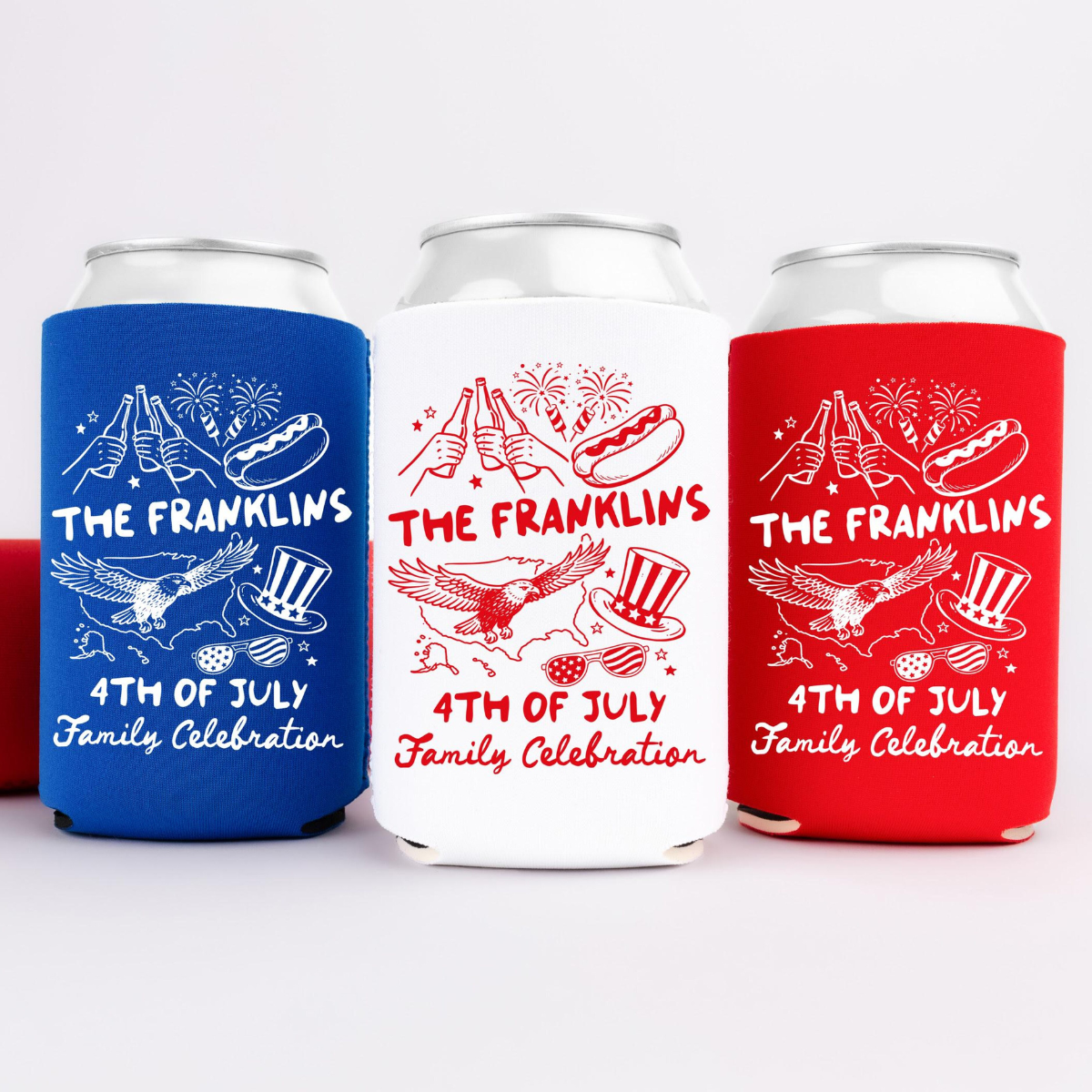 4th of July Friends Reunion Can Coolers - Custom 4th of July Family Reunion Party Favors - Personalized Cozies in Regular and Slim Size