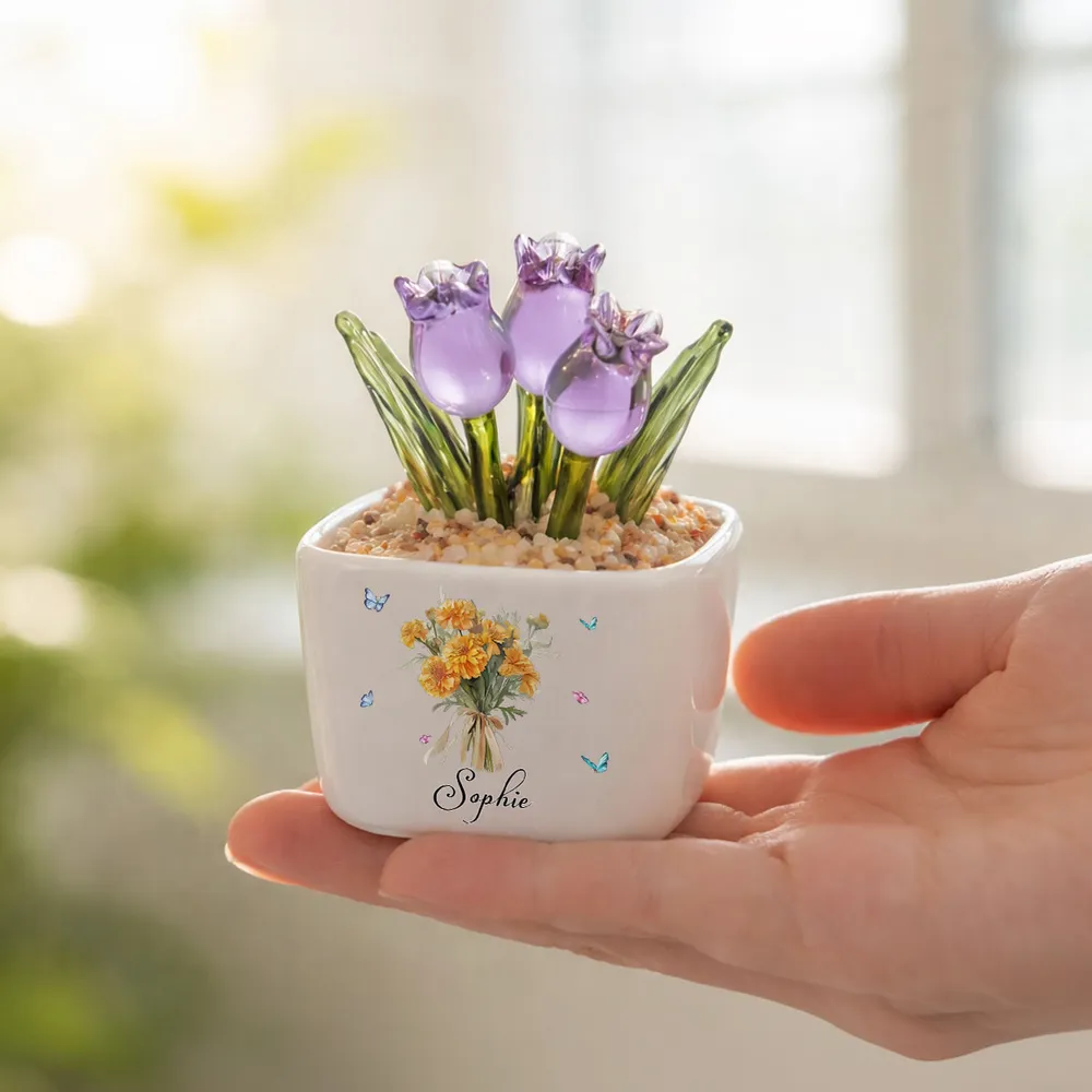 Birth Month Flower - Personalized Mini Glass Plant Pot - Gift For Sisters, Bestie, Friends