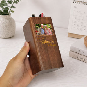 Personalized Photo Pen Holder Clock, I Am Always With You Custom Wooden Desk Organizer with LED Digital Clock, Memorial Gift For Family