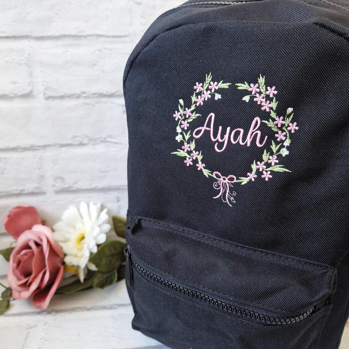 Flower Frame Backpack, Personalised Embroidered Girls Bag, Back to School, Nursery Bag, Floral Wreath