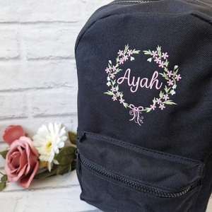 Flower Frame Backpack, Personalised Embroidered Girls Bag, Back to School, Nursery Bag, Floral Wreath