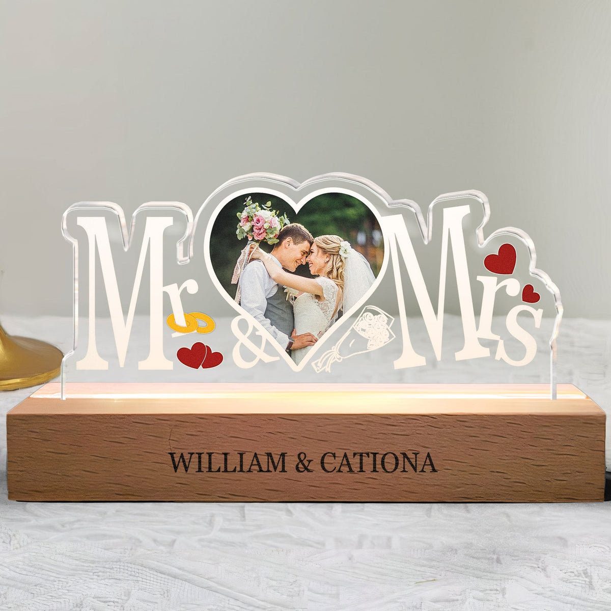 Mr. And Mrs. Custom Photo - Personalized 3D LED Light Wooden Base - Gift For Him, Gift For Her
