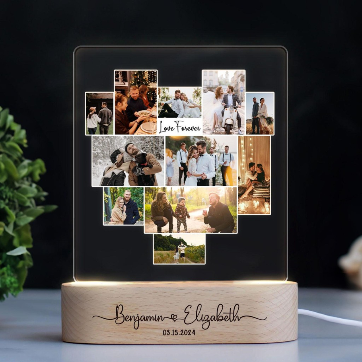 Couple Photo Collage, Personalized LED Light Wooden Base, Valentine Day Gifts For Him Her, Gift for Couples, Anniversary Gift