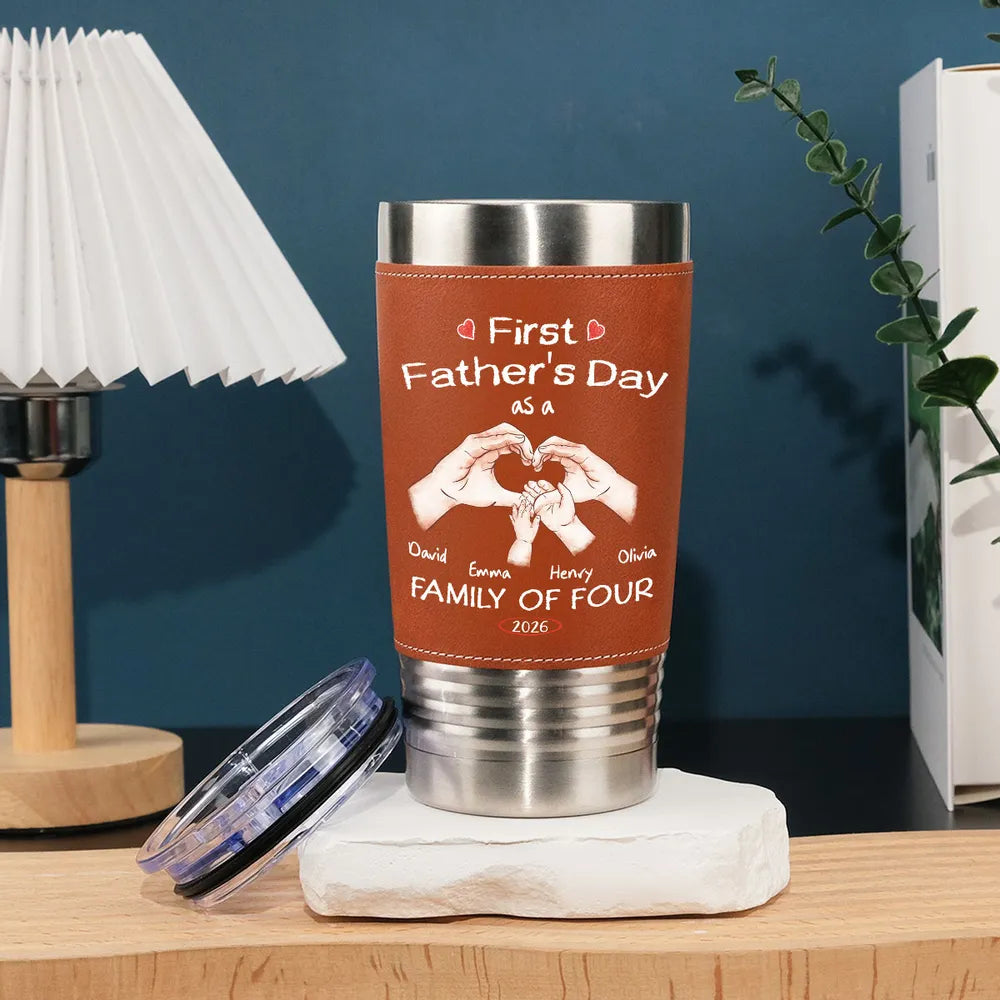 First Father's Day As A Family Of Three - Personalized Leather Tumbler - Gift For Father, Gift For New Dad, Father's Day Gift