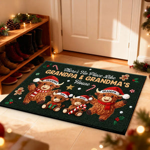 3D Faux Crochet Effect Christmas Grandma Grandkids Highland Cow Together - Personalized Doormat - Christmas Gift For Grandpa & Grandpa