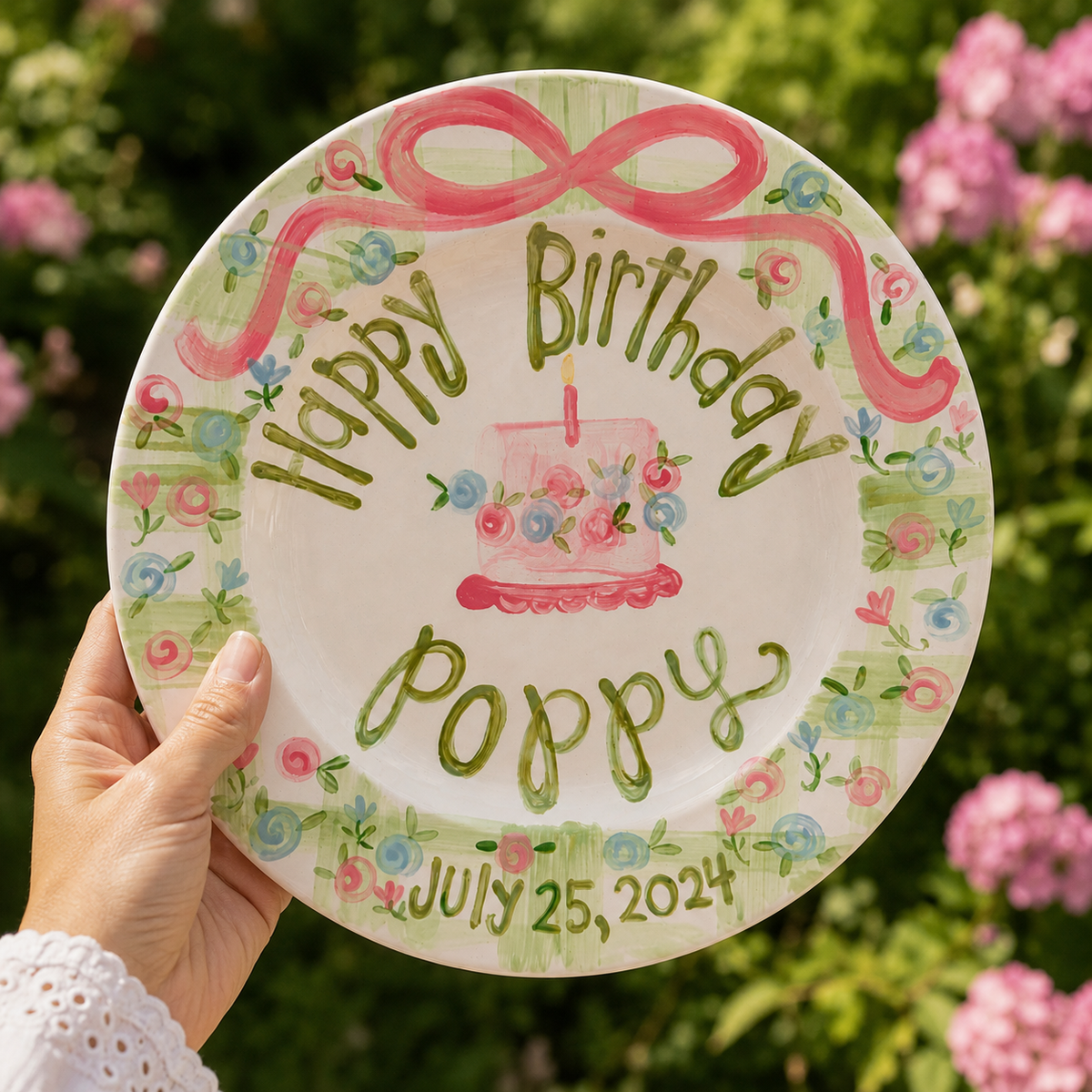 Personalized Birthday Plate For Girls, Wildflowers and Green Gingham Pattern, Gift For Birthday Girls