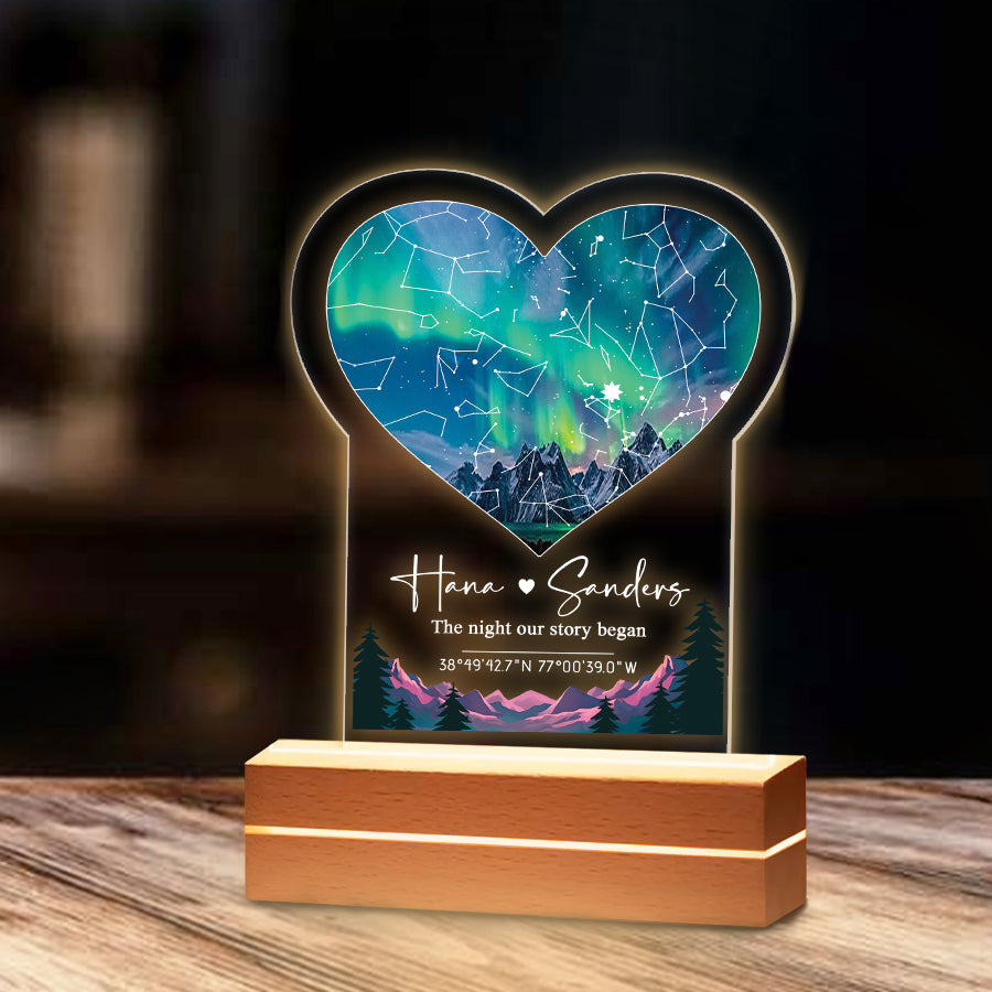 The Night Our Story Began - Personalized 3D LED Light Wooden Base - Gift For Couple