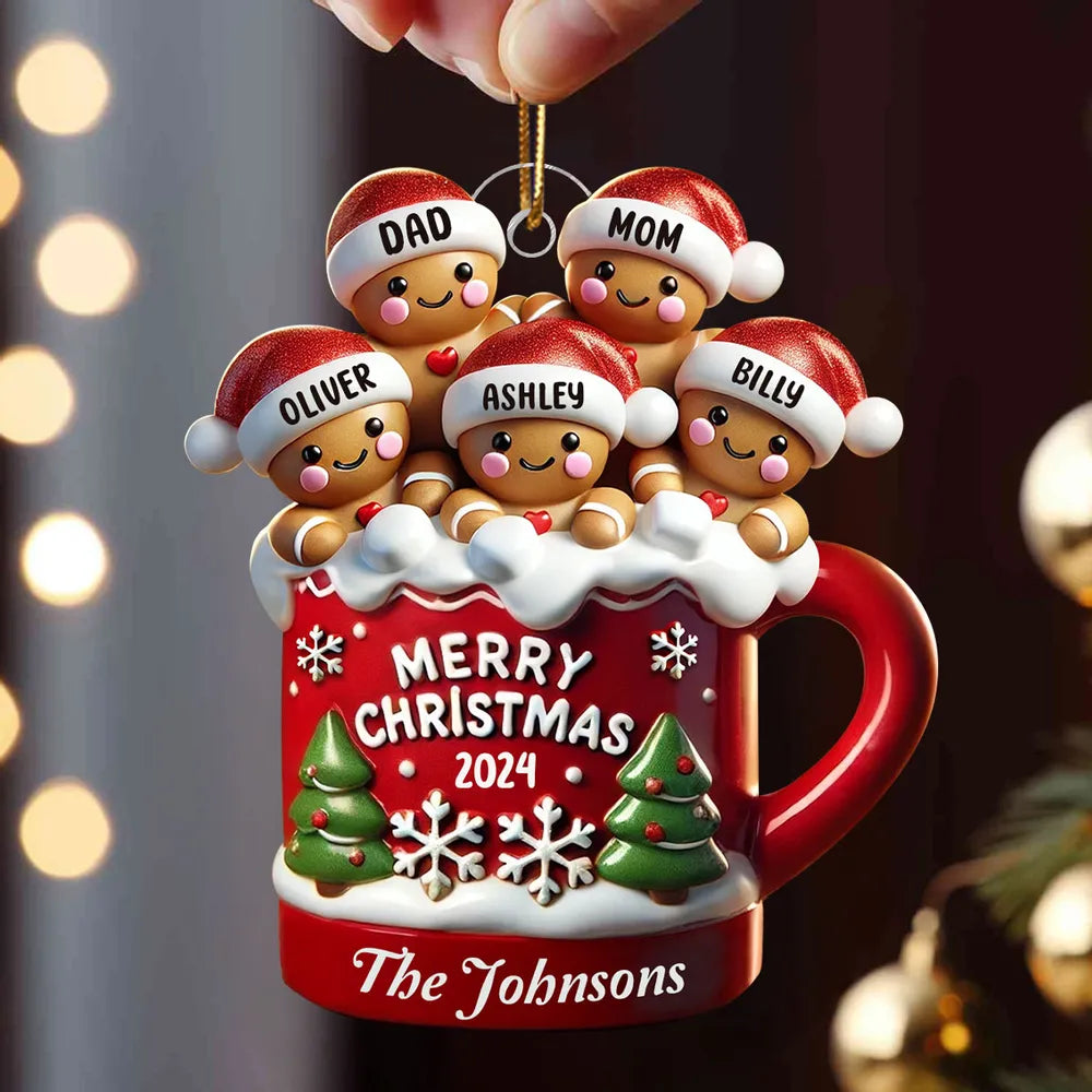 Gingerbread Family In Hot Cocoa Christmas Decor - Personalized Acrylic Ornament - Christmas Gift For Family