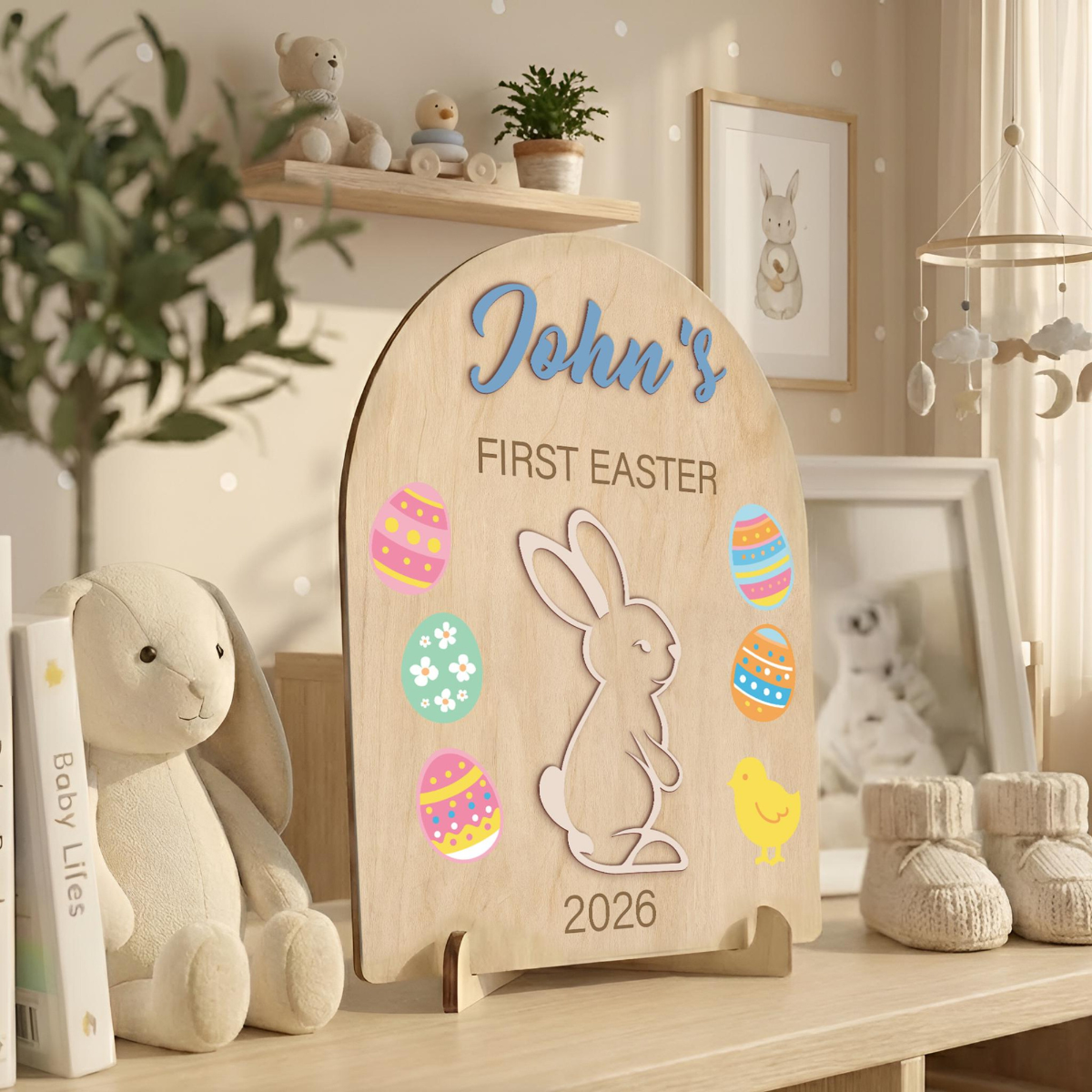Baby's First Easter Wood Sign, Custom Name & Color Easter Decor, Arched Wooden Plaque with Stand, Kids Keepsake Gift, Easter's Day Baby