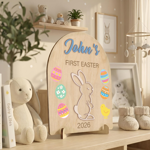 Baby's First Easter Wood Sign, Custom Name & Color Easter Decor, Arched Wooden Plaque with Stand, Kids Keepsake Gift, Easter's Day Baby