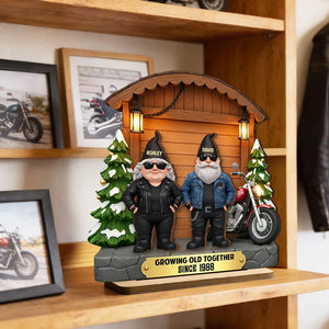 Growing Old Together Biker Couple - Personalized Wooden Plaque With Flat Base - Anniversary, Valentine's Day Gift For Couple