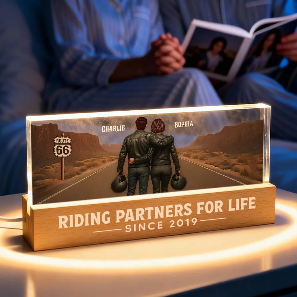 Back View Biker Couple Riding Partners For Life - Personalized 3D LED Night Light - Heartfelt Valentine's Day Gift, Anniversary Gift For Biker Couple
