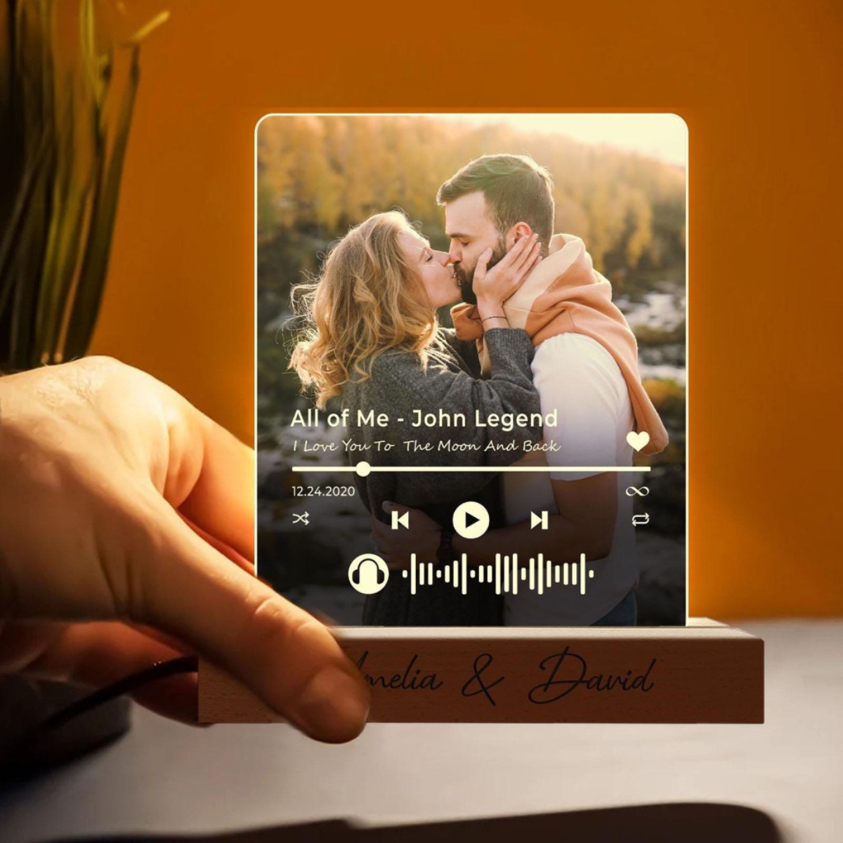 Custom Your Favorite Song Upload Full Photo - Personalized 3D LED Light Wooden Base - Gift For Couple