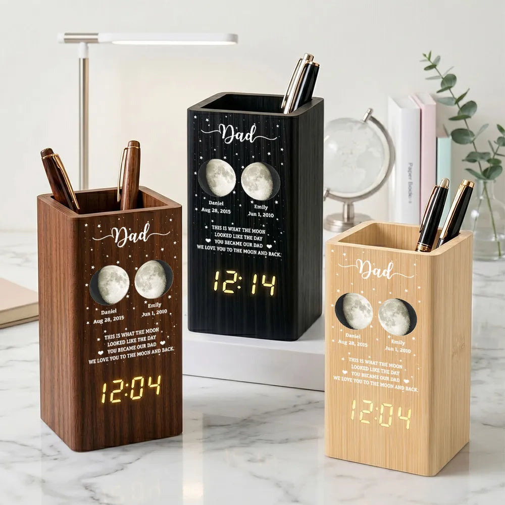 This Is What The Moon Looked Like - Personalized Pen Holder With Clock - Gift For Dad, Gift For Mom