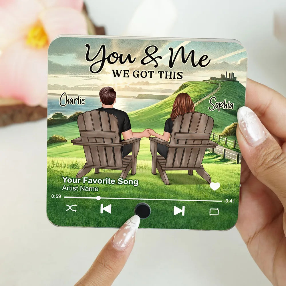 Back View Couple Sitting On Grass Hill Personalized Music Fridge Magnet, Heartfelt Gift For Couple, For Him, For Her